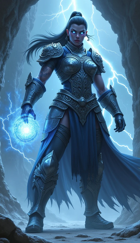Aletta Ocean, angry evil beautiful and muscular, Nordic female, towering storm Giantess with blue black hair in a ponytail, older and mature woman, throwing a lightning ball, celtic glowing tattoos, wearing silver nordic steel runic plate mail Armour , temple cave background with lightning storm, glowing blue eyes, square jaw, powerful and imposing, winter clothing, pale blue purple skin, ((full plate silver celtic dragon armour)), nordic tattoos with bodybuilder physique