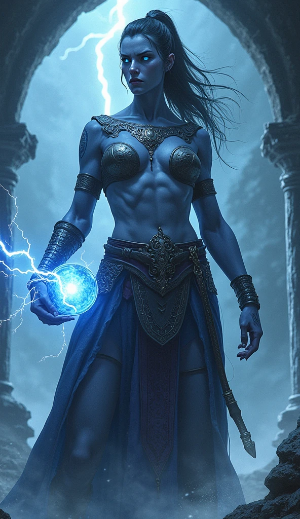 Aletta Ocean, angry evil beautiful and muscular, Nordic female, towering storm Giantess with blue black hair in a ponytail, older and mature woman, throwing a lightning ball, celtic glowing tattoos, wearing silver nordic steel runic plate mail Armour , temple cave background with lightning storm, glowing blue eyes, square jaw, powerful and imposing, winter clothing, pale blue purple skin, ((full plate silver celtic dragon armour)), nordic tattoos with bodybuilder physique