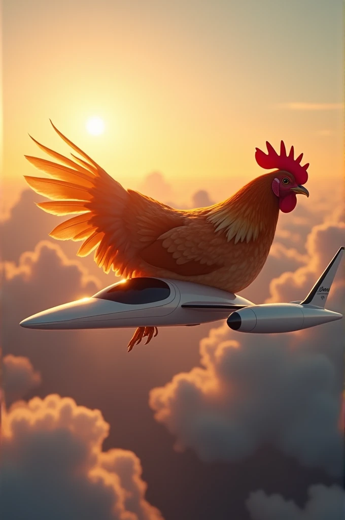 Hen is flying with aeroplane in sunset in the middle of clouds