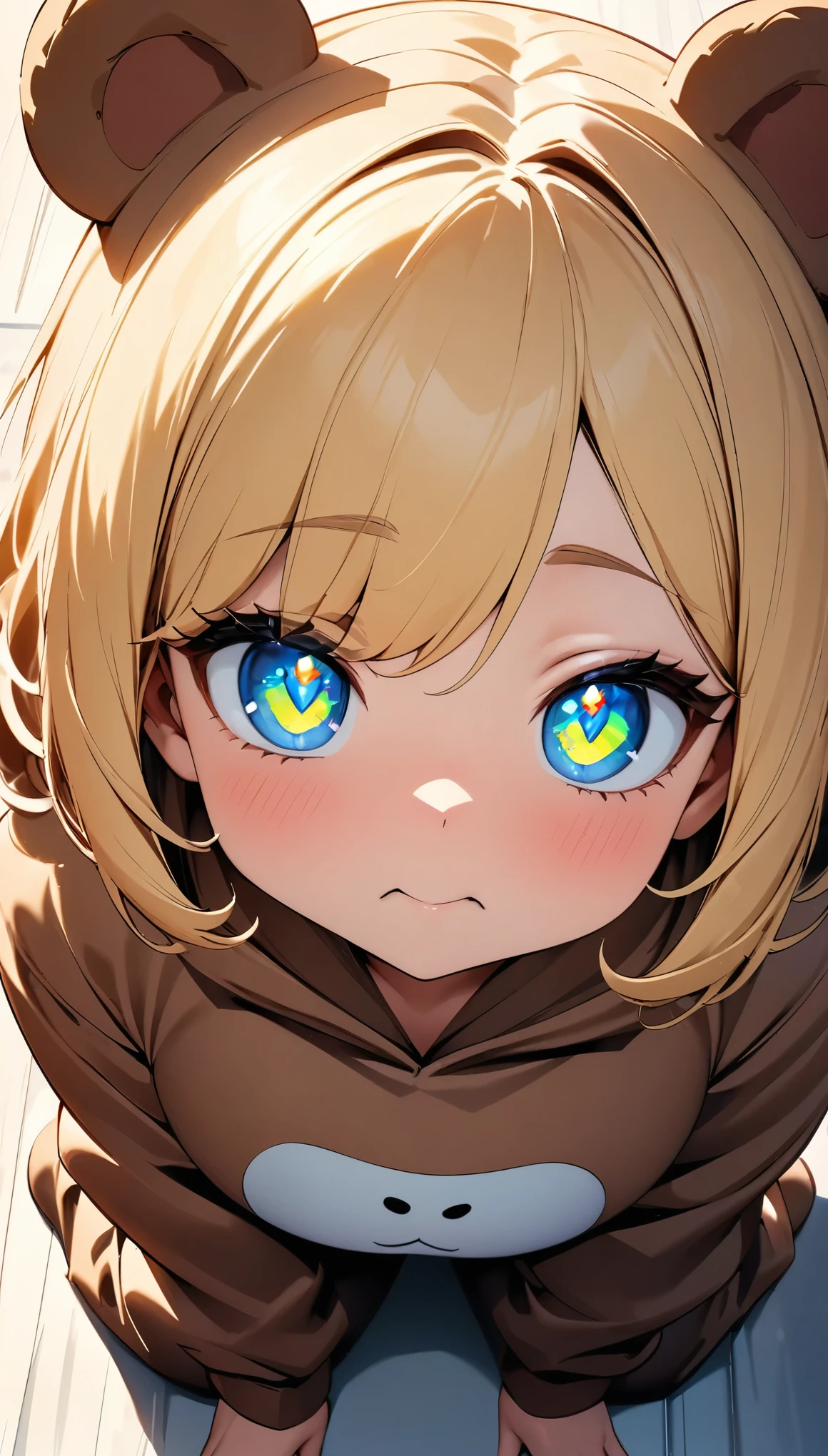 Kneeling, Lean back, Woman in costume, 1 Female, Brown bear costume, Beautiful Skin, Fine skin, vivid hair, Luminous Eyes, JK, Blonde, Bob with a Falling Front, double eyelid, Fatty face, Bear costume, fur, (Cute costume:1.2), From above, Face Close Up, (Highest quality:1.2, Very detailed, Latest, Vibrant, Ultra-high resolution, High Contrast, masterpiece:1.2, Best aesthetics),