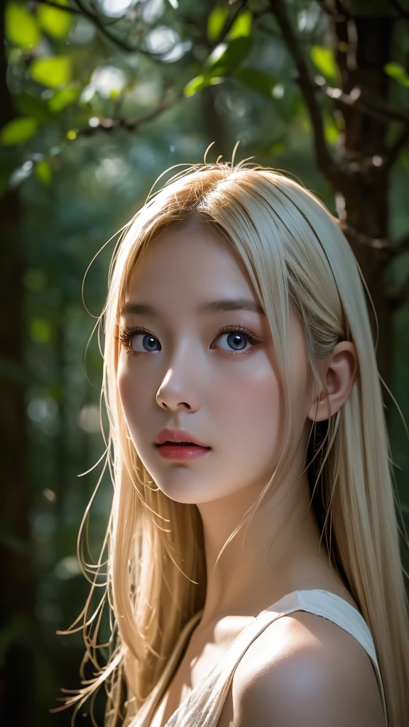 A stunning girl with long white hair, fair skin, and red eyes, in a forest with cinematic film lighting, dark and low-lit. She is wearing a white dress with golden hues, her eyes focused, looking at the viewer. Her skin is fair, her face delicate and flawless, a masterpiece, a work of art of the highest quality. The image is an incredibly detailed 8K CG wallpaper, with artistic cinematic lighting and film-like tones with a neutral filter.