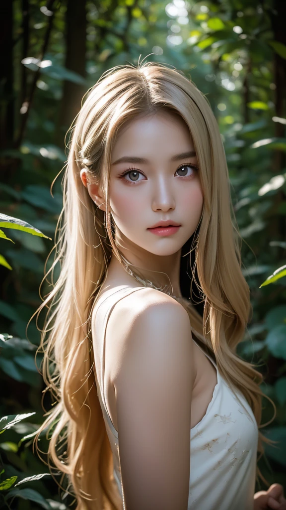 A stunning girl with long white hair, fair skin, and red eyes, in a forest with cinematic film lighting, dark and low-lit. She is wearing a white dress with golden hues, her eyes focused, looking at the viewer. Her skin is fair, her face delicate and flawless, a masterpiece, a work of art of the highest quality. The image is an incredibly detailed 8K CG wallpaper, with artistic cinematic lighting and film-like tones with a neutral filter.