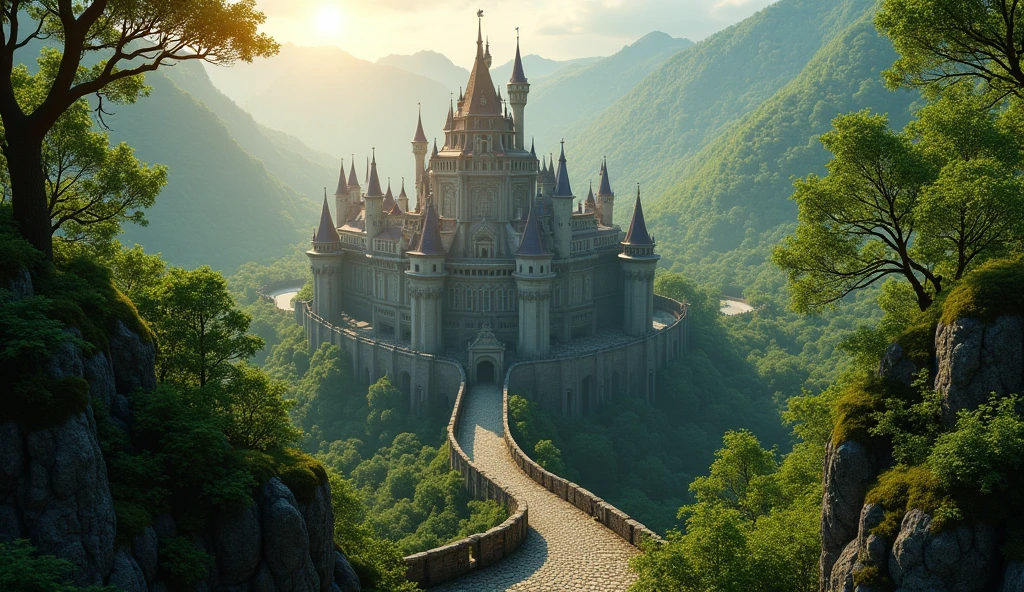 a beautiful medieval kingdom, a castle surrounded by a lush forest, aerial view of a fortified kingdom, epic fantasy landscape, intricate architecture, ornate towers, cobblestone streets, sun rays shining through the trees, dramatic lighting, vibrant colors, highly detailed, cinematic composition, (best quality,4k,8k,highres,masterpiece:1.2),ultra-detailed,(realistic,photorealistic,photo-realistic:1.37)