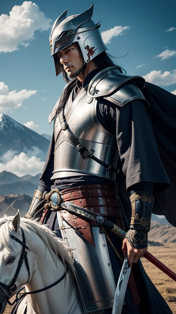 Create an image of Uesugi Kenshin, the Dragon of Echigo, a famed warlord of the Sengoku period. He is depicted on the battlefield, mounted on a white horse, with his army standing behind him, ready for battle. Kenshin is in his early 40s, with a calm and focused expression, his eyes sharp and clear. He has a clean-shaven face and long black hair tied neatly behind his head. He wears a resplendent set of silver and blue armor, adorned with dragon motifs, symbolizing his title and fierce reputation. Over his armor, he wears a white cape, flowing in the wind. His kabuto (helmet) is adorned with the emblem of Bishamonten, the god of war, reflecting his devout nature. In his right hand, he holds a katana, its blade gleaming in the daylight, while his left hand grips the reins of his horse. The battlefield is set against the backdrop of distant mountains and rolling clouds, suggesting the impending clash. The overall atmosphere should convey a sense of honor, duty, and fearlessness, portraying Kenshin as the noble and righteous warrior he was known to be.