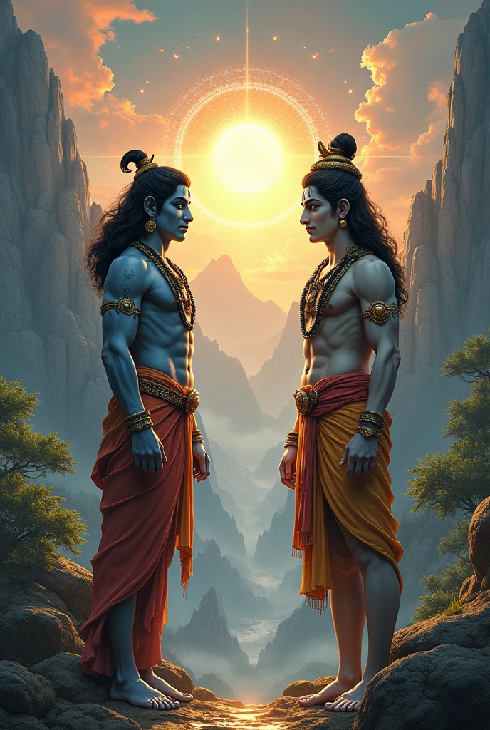 26. **Shiva and Vishnu Meeting**: A respectful meeting between Lord Shiva and Lord Vishnu in the midst of their respective realms.