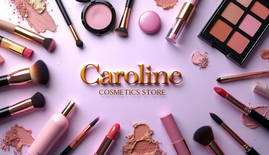 make a background image in the makeup segment of various types of makeup and cosmetics utensils with the name in the center of the image, With name ( Caroline Cosmetics Store ) in realistic gold , the background is in lilac with a gradient with gold effects , make the image in proportion