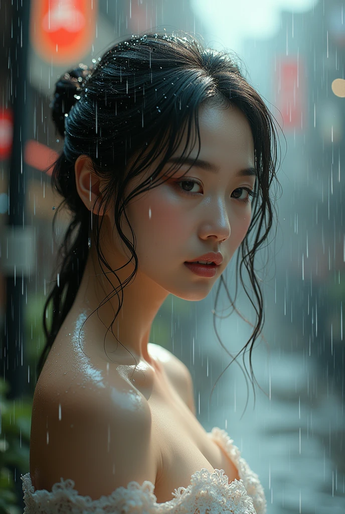 Beautiful woman getting wet in the rain、Asian、Japanese、Beautiful