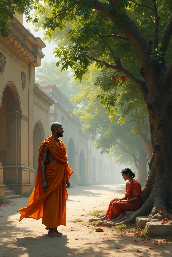 It is spring time in the old city of mathura in 3rd century BC. A young monk dressed in sage clothes is walking out of the city gates of Mathura and the streets are lonely.Trees are filled with blossom flowers and koels are sitting on the trees.Outside the city gates a mango groove is there. Under that tree, a woman is sitting and she is having small pox and looks ugly.