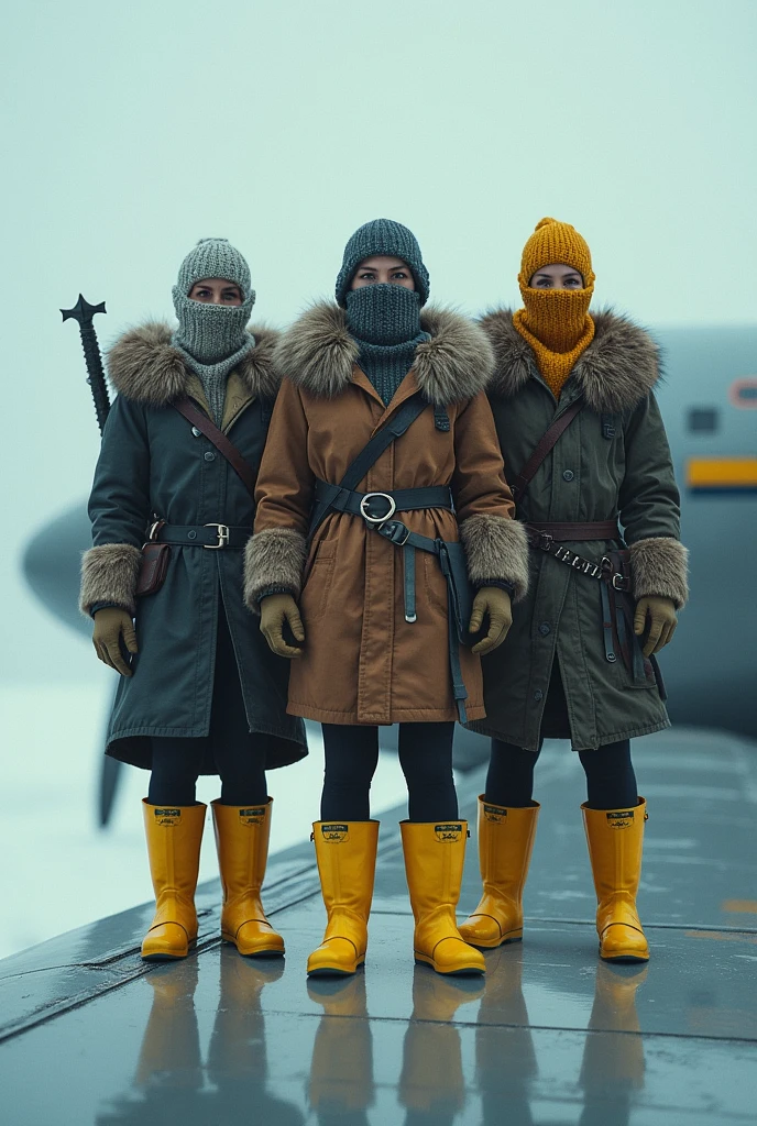 Female Vikings wearing balaclavas and yellow plastic galoshes on the wing of an airplane