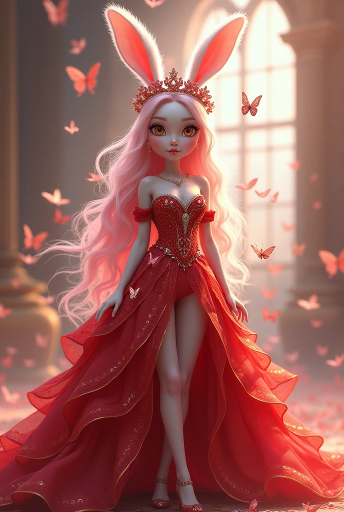 A white rabbit princess with a beautiful chest and a slender waist, pink hair with bangs, long hair, a beautiful face, tall, big eyes, very cute, wearing a beautiful red princess dress, sparkling, full body, wearing high heels, wearing a crown with many butterflies flying, you can see the shoes too.