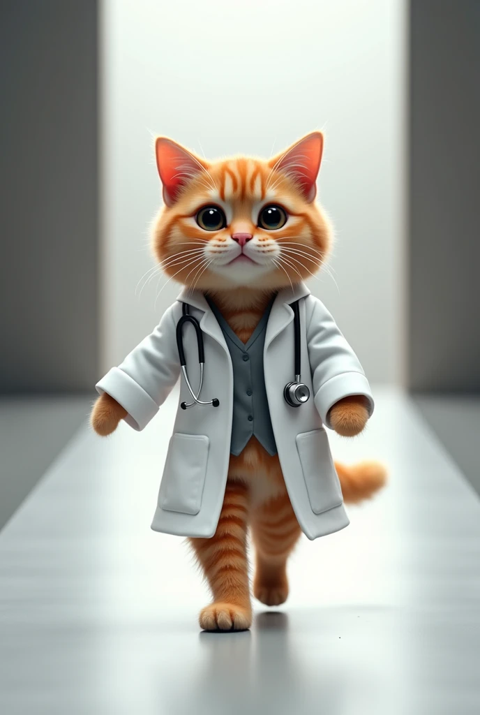(photorealism:1.2), cute ginger cat, doctor coat, with stethoscope, walking down the runways