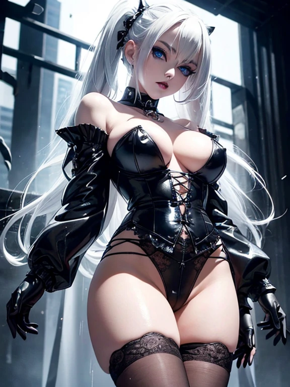  A gothic punk girl, perfect face, beautiful Asian woman with long White hair in White curls and coils, very cute and  beautiful girl,    (highly detailed beautiful face), high detailed fingers, (wearing just panties, topless), detailed breast,
]cowboy shot, looking at viewer, Standing, white panties. intricate details, cinematic scene, detailed background, solo, dynamic angle,  ((beautiful big blue eyes looking down at the viewer, black shiny lipstick, perfect Asian goth cyber makeup)) double d breast, detailed cute face, white hair,  heavy make up,),(dark black lipstick), size, Backlight effect, lens flare, depth of fields, blurry background, Detailedface,1 girl, Detailed eyes, ,(thigh up shot image :1.5), Black gloves. Walking in the rain. Moonlight shines on her face. Sombre setting 