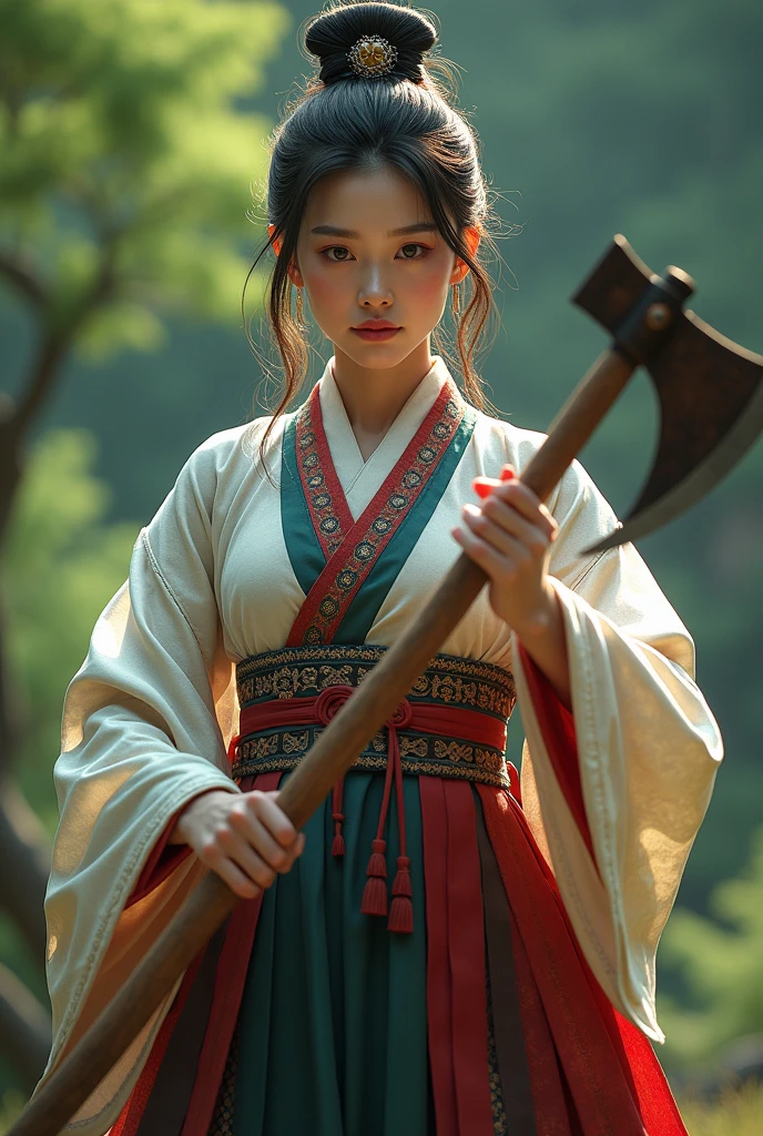 A woman holding an axe in a Korean costume