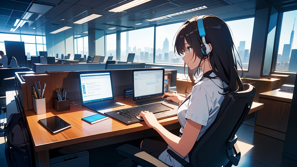 A modern workspace showing a person, possibly a woman, sitting at a desk, simultaneously engaging in multiple tasks. The person is typing on a laptop, while also talking on a headset, glancing at a tablet, and surrounded by floating icons representing different tasks such as emails, charts, and social media. The background features a sleek, futuristic office with a large window showcasing a city skyline. The lighting is bright and energizing, and the overall mood is dynamic, capturing the essence of multitasking in a fast-paced environment.