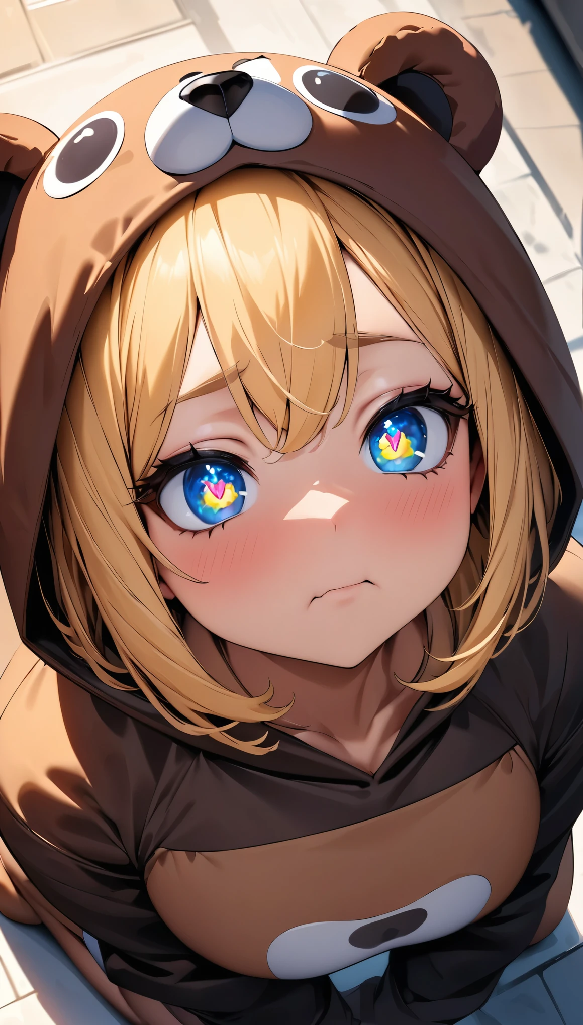 Kneeling, Lean back, Woman in costume, 1 Female, Brown bear costume, Beautiful Skin, Fine skin, vivid hair, Luminous Eyes, JK, Blonde, Bob with a Falling Front, double eyelid, Fatty face, Bear costume, fur, (Cute costume:1.2), From above, Face Close Up, (Highest quality:1.2, Very detailed, Latest, Vibrant, Ultra-high resolution, High Contrast, masterpiece:1.2, Best aesthetics),