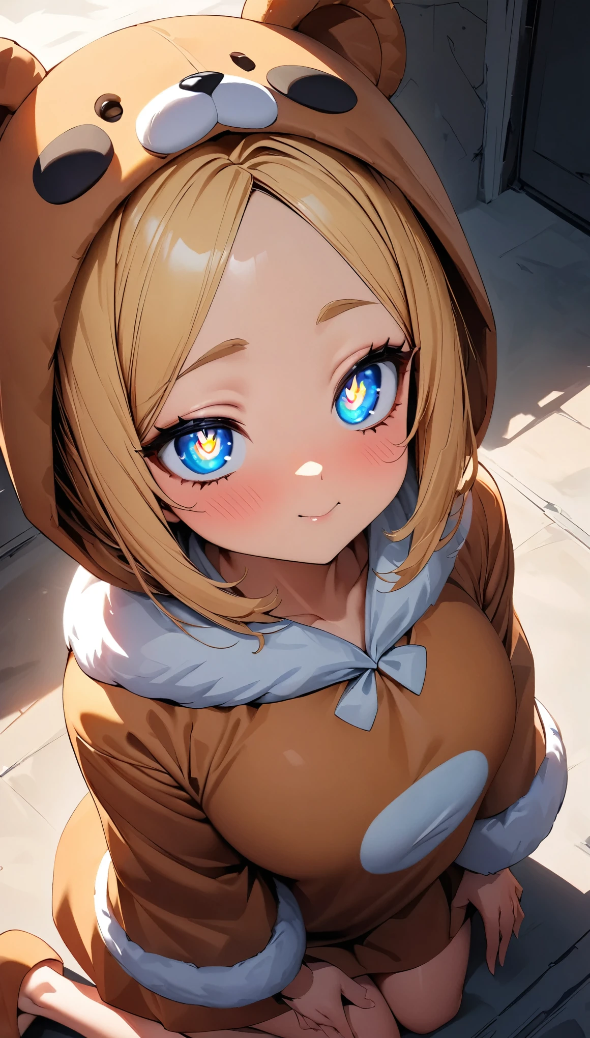 Kneeling, Lean back, Woman in costume, 1 Female, Brown bear costume, Beautiful Skin, Fine skin, vivid hair, Luminous Eyes, JK, Blonde, Bob with a Falling Front, double eyelid, Fatty face, Bear costume, fur, (Cute costume:1.2), From above, Face Close Up, (Highest quality:1.2, Very detailed, Latest, Vibrant, Ultra-high resolution, High Contrast, masterpiece:1.2, Best aesthetics),