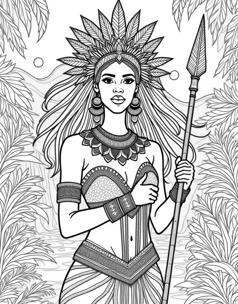  high-resolution line art coloring book page featuring the beautiful Black woman adorned with carib indian carib jewelry and a detailed headdress. The design highlights the patterns and textures, making it perfect for a coloring book., jungle, rivers, waterfal, african, Kalinago princess,  spear, kinky hair