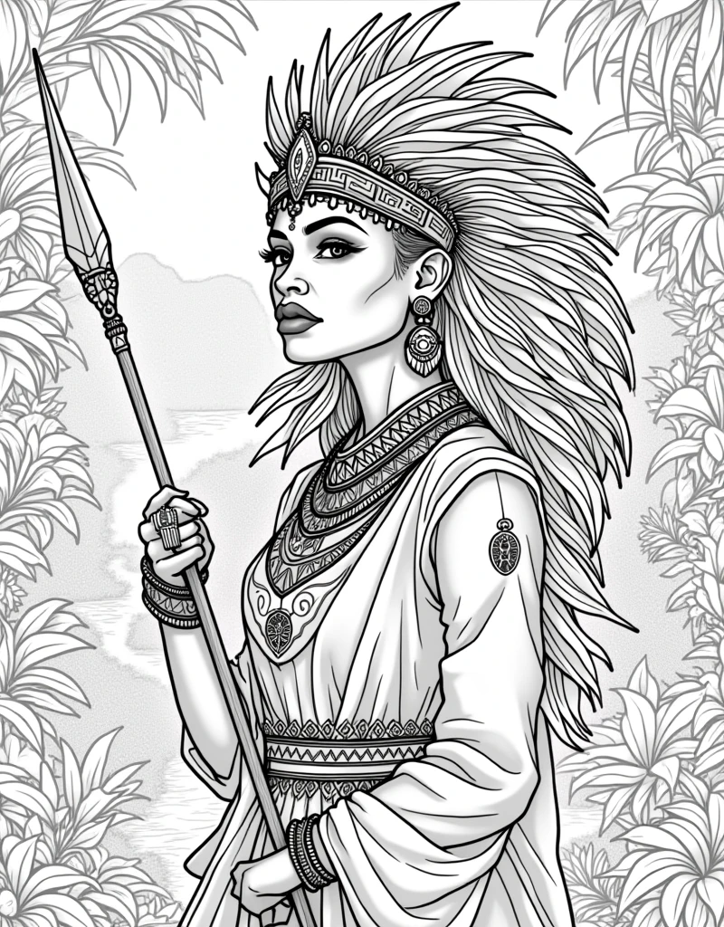 high-resolution line art coloring book page featuring the beautiful Black woman adorned with carib indian carib jewelry and a detailed headdress. The design highlights the patterns and textures, making it perfect for a coloring book., jungle, rivers, waterfal, african, Kalinago princess, spear, kinky hair