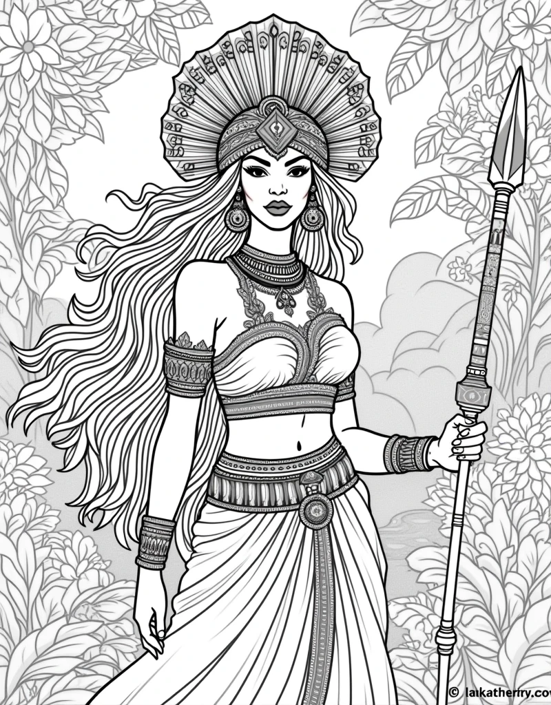 high-resolution line art coloring book page featuring the beautiful Black woman adorned with carib indian carib jewelry and a detailed headdress. The design highlights the patterns and textures, making it perfect for a coloring book., jungle, rivers, waterfal, african, Kalinago princess, spear, kinky hair