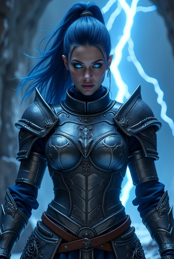 Aletta Ocean, angry evil beautiful and muscular, Nordic female, towering storm Giantess with blue black hair in a ponytail, older and mature woman, throwing a lightning ball, celtic glowing tattoos, wearing nordic steel runic plate mail Armour , temple cave background with lightning storm, glowing blue eyes, square jaw, powerful and imposing, winter clothing, pale blue purple skin, ((full plate celtic dragon armour)), nordic tattoos, fit bodybuilder, facing the camera , ultra detailed