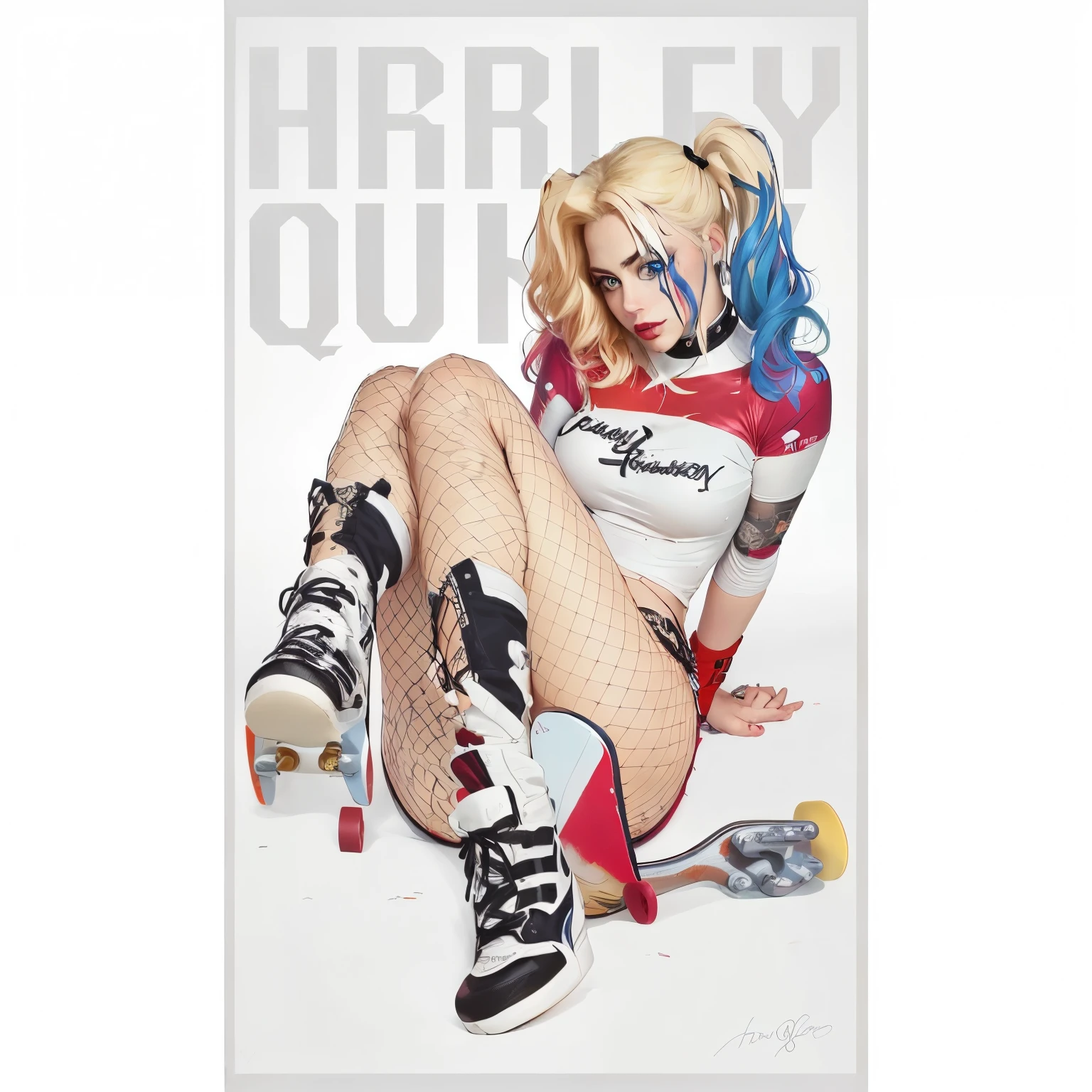 a close-up of a person, sitting on a skateboard with a guitar, Harley Queen, Harley Quinn, of Harley Quinn, portrait of Harley Quinn, lady gaga Harley Queen, hq artwork, Harley Quinn standing, cosplay on black Harley Queen, lady gaga as Harley Queen, graphic artist artgerm, margot robbie as Harley Quinn, lady gaga is Harley Quinn