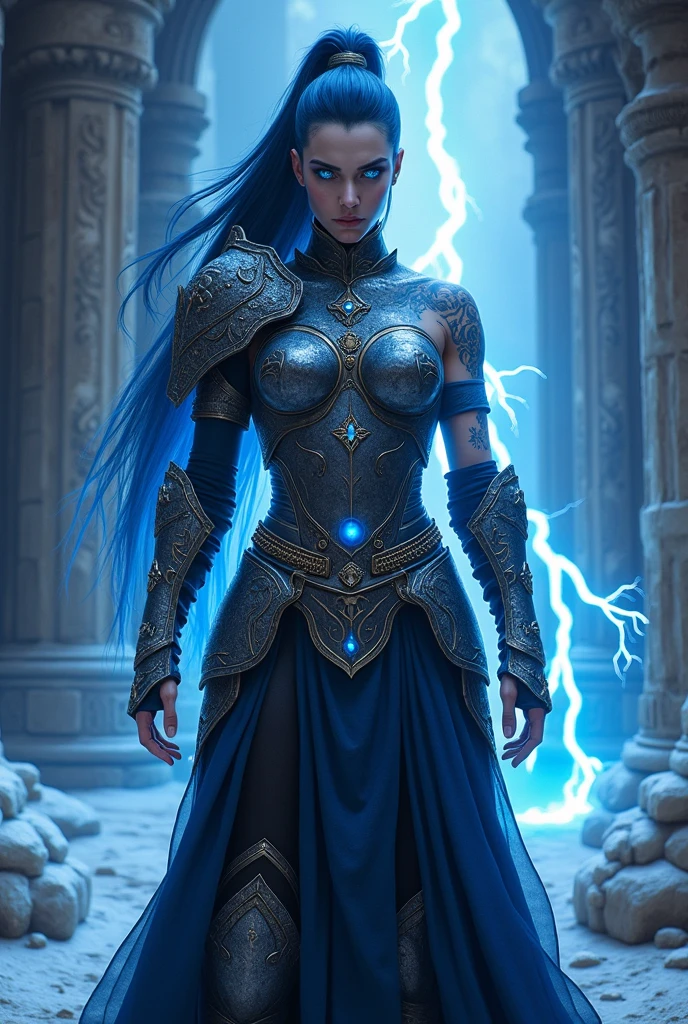 Aletta Ocean, angry evil beautiful and muscular, Nordic female, towering storm Giantess with blue black hair in a ponytail, older and mature woman, throwing a lightning ball, celtic glowing tattoos, wearing nordic steel runic plate mail Armour , temple cave background with lightning storm, glowing blue eyes, square jaw, powerful and imposing, winter clothing, pale blue purple skin, ((full plate celtic dragon armour)), nordic tattoos, fit bodybuilder, facing the camera , ultra detailed