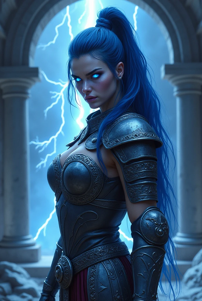 Aletta Ocean, angry evil beautiful and muscular, Nordic female, towering storm Giantess with blue black hair in a ponytail, older and mature woman, throwing a lightning ball, celtic glowing tattoos, wearing nordic steel runic plate mail Armour , temple cave background with lightning storm, glowing blue eyes, square jaw, powerful and imposing, winter clothing, pale blue purple skin, ((full plate celtic dragon armour)), nordic tattoos, fit bodybuilder, facing the camera , ultra detailed