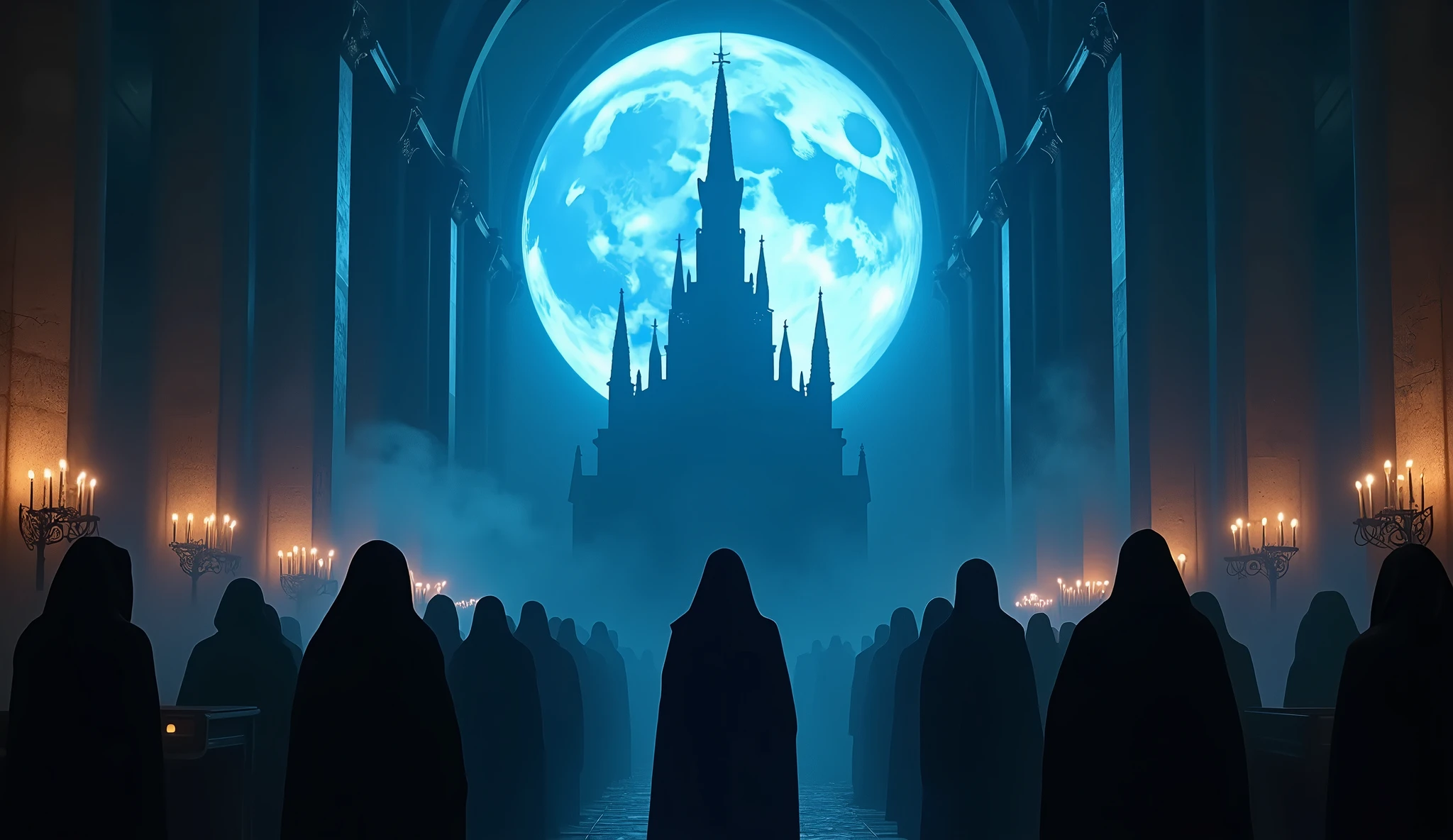 8k、 big blue moon ,zoom up(number々の賞を受賞したmasterpiece、Incredible detail、Texture、Maximum details),purple flame candle, (summoning magic),(The moonlight at night is beautiful), (Demon King's Castle),(dark organization)arafed image of a group of people in a church with candles,lit candle, dark cinematic concept art, elegant cinematic fantasy art, photorealistic dark concept art, by Beeple, dark robes, wojtek fus, gothic epic library concept, gothic epic library, epic cinematic concept art, dark concept art, Beeple and mike winkelmann, symmetrical epic fantasy art, High resolution, masterpiece, Highest quality, Intricate details, Very detailed, Clear focus, practical skin texture, texture, Shot with Canon, 85mm, Shallow and deep, Kodak Vision Color, Exactly, Very detailed, photograph_\(Extremist\), photographpractical, practical, Post-processing, Maximum details, Roughness, Real Life, Extremist practical, Photorealism, photographgraphy, 8K Ultra HD, photographgraphy