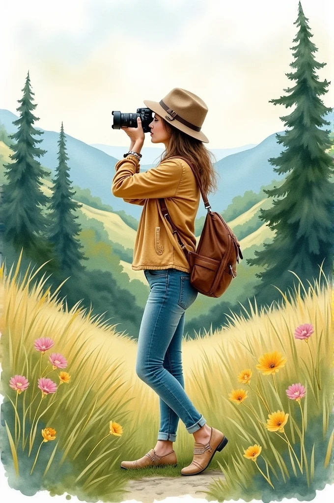 Traveling woman in watercolor painting taking a photograph