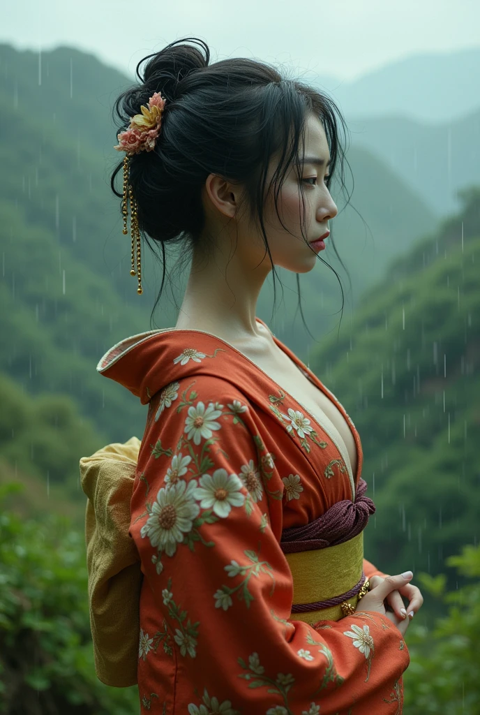 A Japanese woman languishing in the rain、Beauty、kimono、kimono、Large Breasts、valley、sexy