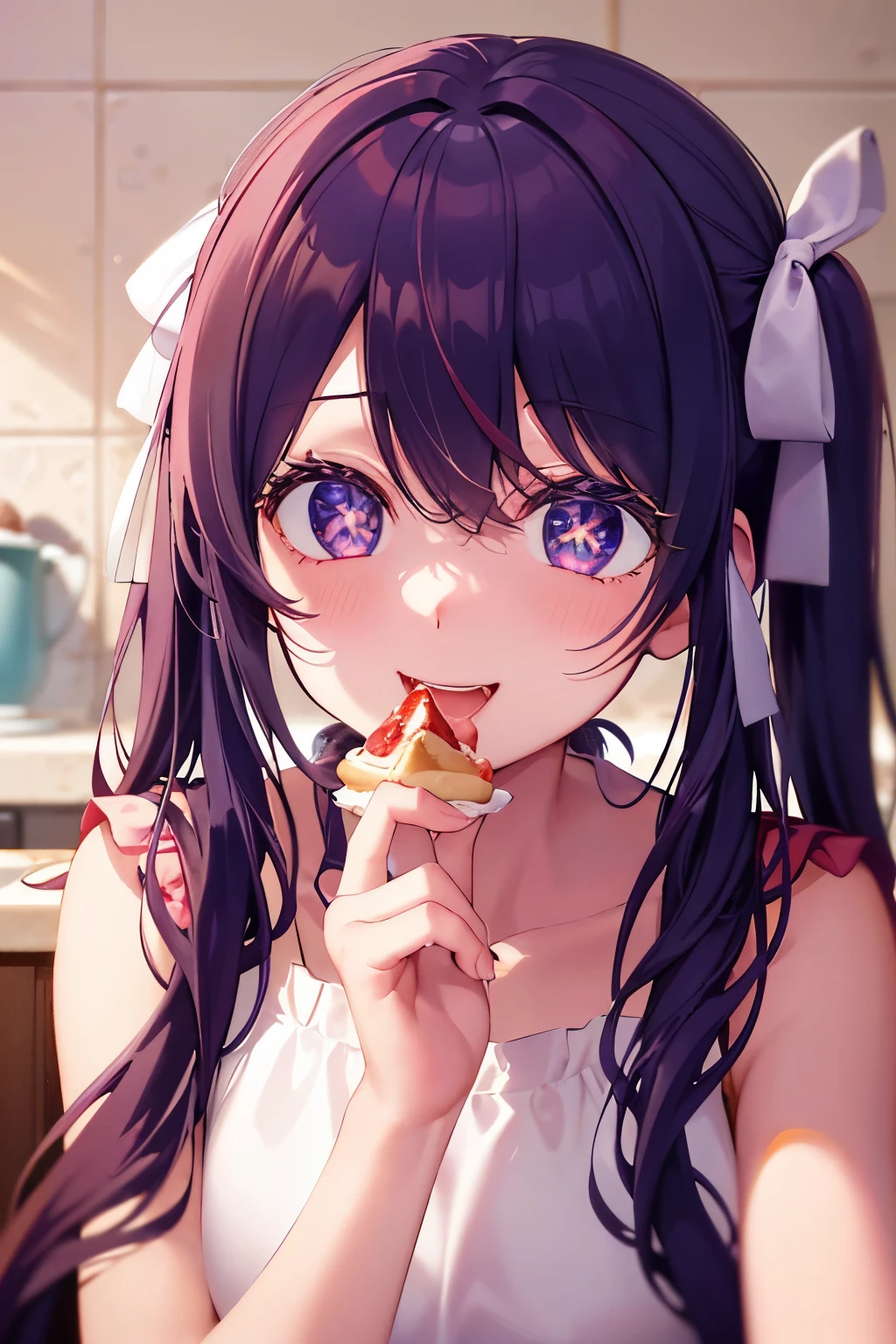 "A close-up image of a joyful 1 girl with long brown hair styled in half-twin tails, wearing a sleeveless T-shirt and hot pants, as she sits on a chair in a cozy kitchen. The girl is enthusiastically eating a shortcake with her hands, taking a large bite with a big smile that shows her teeth. Her eyes are wide with excitement, and some crumbs are visible on her lips. The shortcake has a fluffy texture with layers of cream and strawberries. The kitchen background includes a countertop with some cooking utensils, giving the scene a warm, homey feel."