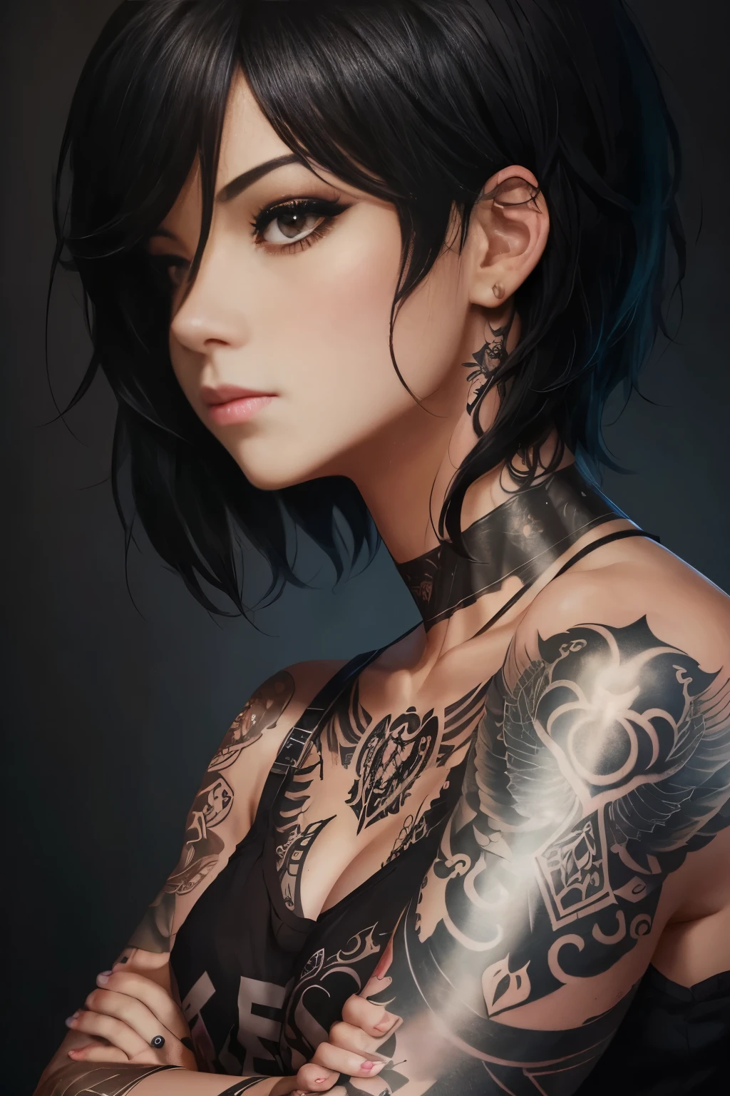 a close up of a person with tattoos on their arms, beautfull woman, Anime Style Female, female anime character, impressive face portrait, detailed artwork, 坏蛋动漫8 K, detailed digital art, retrato beautfull woman, young anime woman, anime wallpaper, shorth hair, shorth hair, short hair, Bblack hair, black hair
