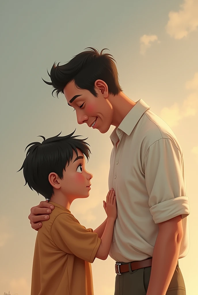Scene 3: The father responds with a smile
The father leans forward with a warm, understanding smile, his hand gently resting on the boy's shoulder. He appears calm and wise, explaining something to his son in a patient tone. The father's attire reflects modesty, with a simple white shirt.