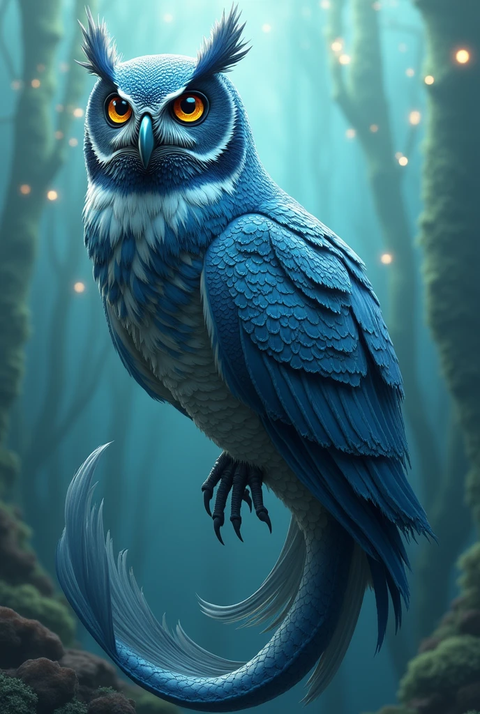 Owl head junction with blue fish body 