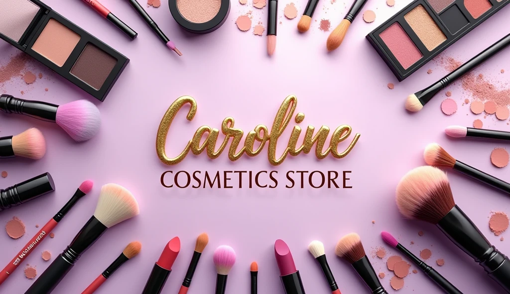 make a background image in the makeup segment of various types of makeup and cosmetics utensils with the name in the center of the image, With name ( Caroline Cosmetics Store ) in realistic gold , the background is in lilac with a gradient with gold effects , make the image in proportion 
