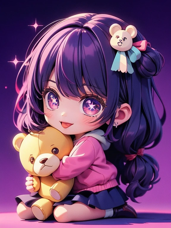 1girl, flat illustration, Hoshino Ai, It's inside a stuffed very cute teddy bear and only its face is showing, tongue out, tongue, (purple hair:1.2), purple eyes, smile, symbol-shaped pupils, star-shaped pupils, hair ornament, hands up, A very cute stuffed brown bear, Chibi, (Super detailed), ((masterpiece, best quality, high resolution))