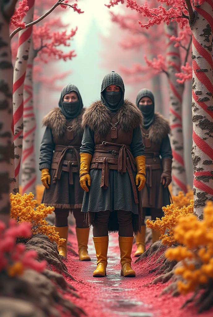 Viking women wearing balaclava and yellow plastic galoshes in candy forest
