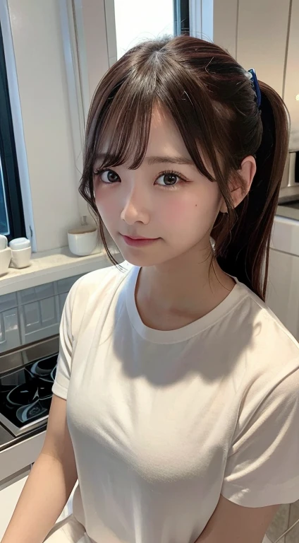 A woman in my room、(Kitchen_whiteTShirts:1.Wear 3)、4K、A high resolution、tmasterpiece、top-quality、((hasselblad photograph))、Fine skin、sharp focus、(lighting like a movie)、Soft lighting、overhead shot、[:(Detailed face:1.2):0.2]、small chest、sweat pouring down the skin:1.2、(((In the kitchen))) A smile　Viewer's perspective　huge tit　Ponytail , eye focus