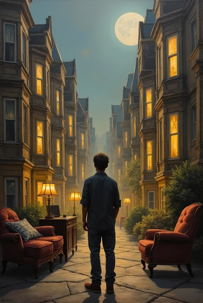 Can you please create a painting that reflects loneliness and the contrast between the powerful, evil people showcasing their wealth and a good young person working alone for his two mothers as an interior designer and their siblings. It should feel like this young person is thinking about rich people are eating all city and poor people’s are just seeing them and feeling it.