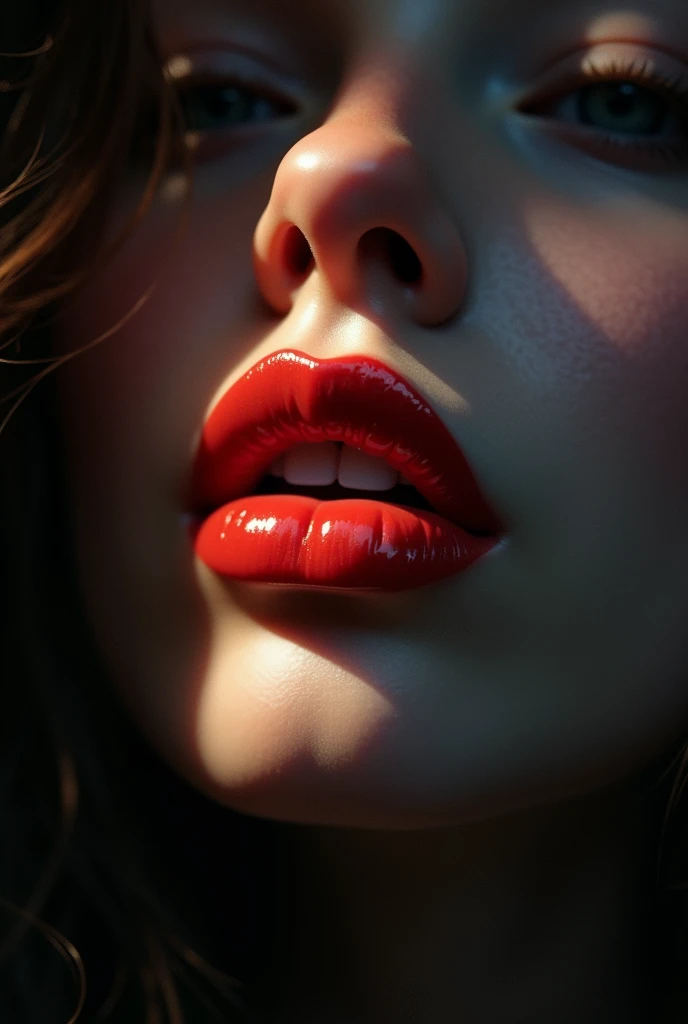 A girl's lip prints, pouty kissing lips, dark background, retro and innocent feeling--ar 9:16