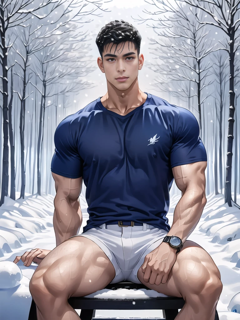 Handsome young man sitting in front of the house,(Thin mustache:0.8), alone, (ฺBuzz Cut:0.8), (Wear a navy blue t-shirt.:1.2),Blue Jeans,(Wear a black watch.),Korean people,chest muscles,large arm muscles,blood vessel,big muscles,Broad shoulders,(Snow Forest:1.4),