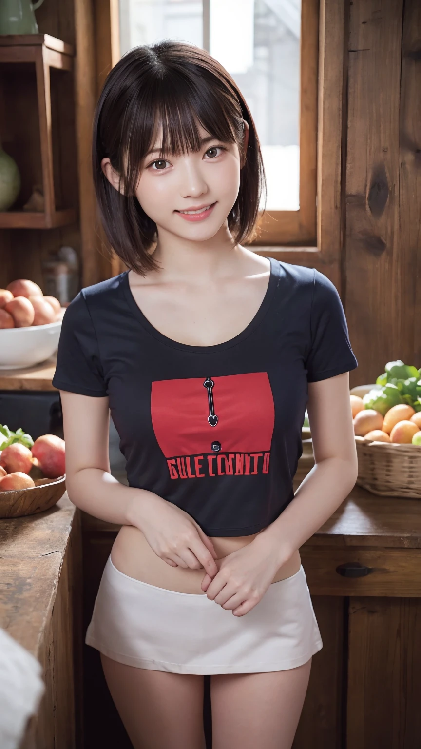 beautiful girl, (Cropped logo T-shirt:1.3, low-rise skirt:1.3), (16yo:1.3), break, (farmers market:1.2), break, Shy laugh, Very beautiful eyes, (Symmetrical eyes:1.3), break, (D cup Breasts:1.2), Brown eyes, Parted bangs, Brown plait hair:1.3, Round face, cute, break, (Eye and facial details:1.0), Spread your legs:1.3, Shooting from below, Pussy Line, Camel Toe, Looking into the camera, masterpiece, Highest quality, RAW Photos, Realistic, Cute people, Written boundary depth, High resolution, Very detailedな, In detail, Very detailed, Very detailed, Sharp pupils, Cinema Lighting