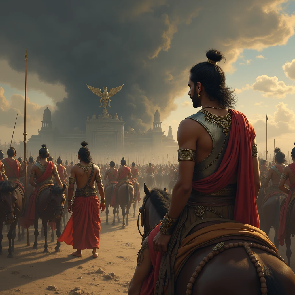 Visualize Arjuna standing in his chariot, his expression filled with sorrow and concern. In the background, depict the Kaurava army, their faces twisted in greed and ignorance, oblivious to the devastation around them. The battlefield is littered with broken family crests and shattered symbols of unity, representing the destruction of family bonds. A dark, ominous cloud looms over the Kauravas, symbolizing the sin they are blind to. Krishna stands beside Arjuna, his hand on Arjuna's shoulder, guiding him, while faint, ghostly images of ancestors look on with sadness, emphasizing the moral and spiritual weight of the situation.