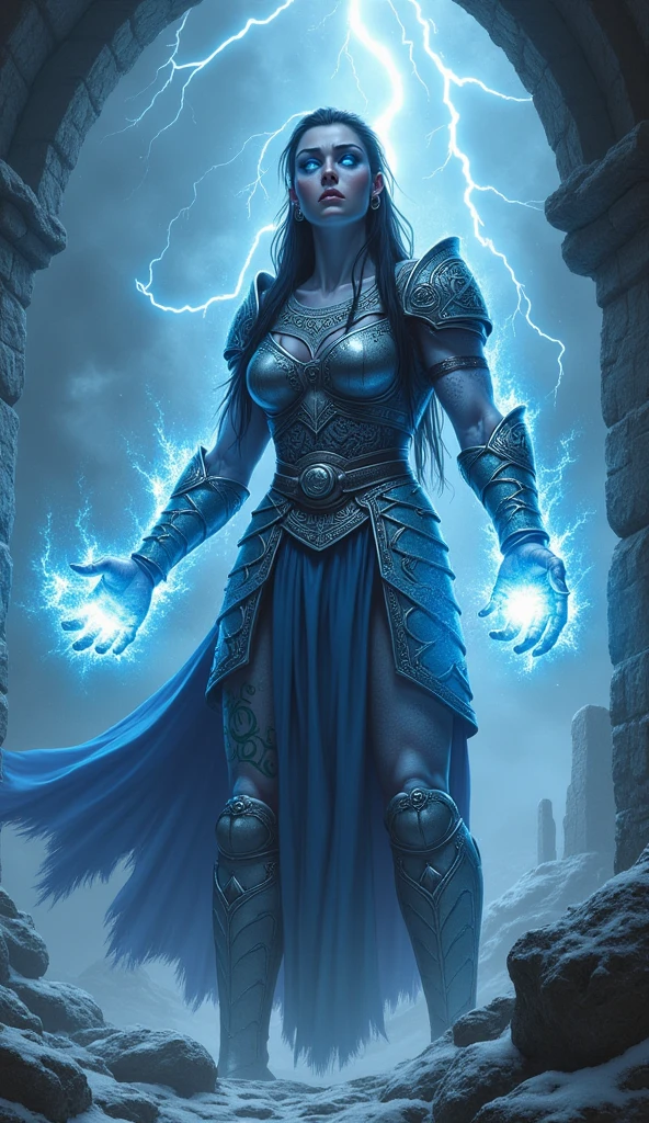 Aletta Ocean, angry evil beautiful and muscular, Nordic female, towering storm Giantess with blue black hair in a ponytail, older and mature woman, throwing a lightning ball, celtic glowing tattoos, wearing silver nordic steel runic plate mail Armour , temple cave background with lightning storm, glowing blue eyes, square jaw, powerful and imposing, winter clothing, pale blue purple skin, ((full plate silver celtic dragon armour)), nordic tattoos with bodybuilder physique