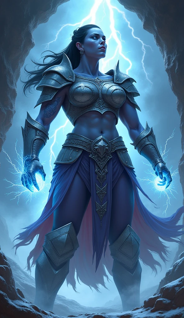 Aletta Ocean, angry evil beautiful and muscular, Nordic female, towering storm Giantess with blue black hair in a ponytail, older and mature woman, throwing a lightning ball, celtic glowing tattoos, wearing silver nordic steel runic plate mail Armour , temple cave background with lightning storm, glowing blue eyes, square jaw, powerful and imposing, winter clothing, pale blue purple skin, ((full plate silver celtic dragon armour)), nordic tattoos with bodybuilder physique