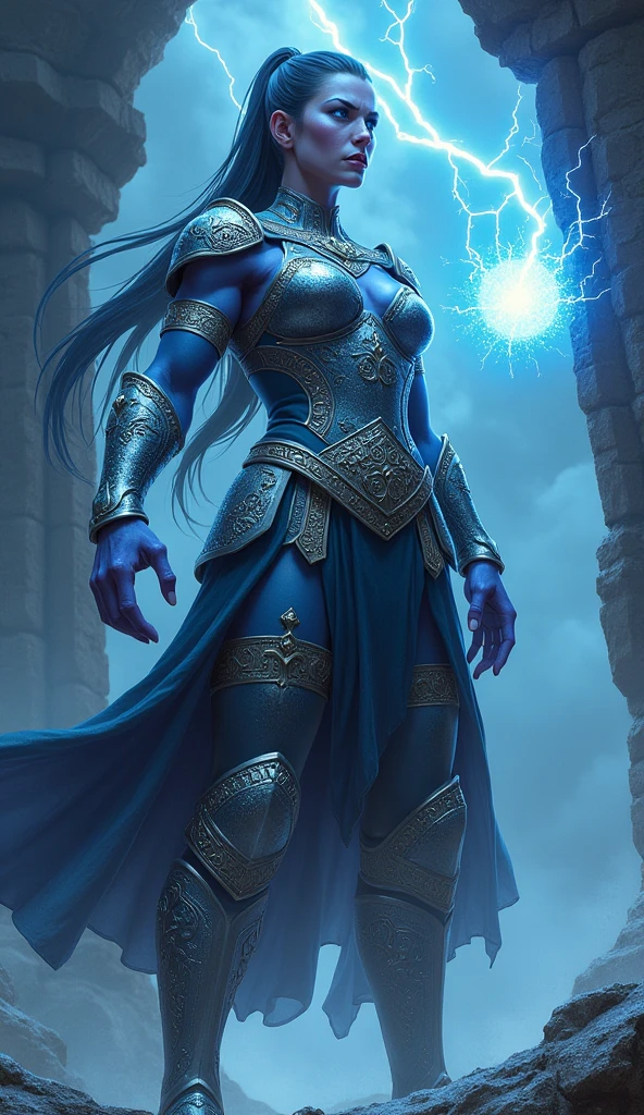 Aletta Ocean, angry evil beautiful and muscular, Nordic female, towering storm Giantess with blue black hair in a ponytail, older and mature woman, throwing a lightning ball, celtic glowing tattoos, wearing silver nordic steel runic plate mail Armour , temple cave background with lightning storm, glowing blue eyes, square jaw, powerful and imposing, winter clothing, pale blue purple skin, ((full plate silver celtic dragon armour)), nordic tattoos with bodybuilder physique