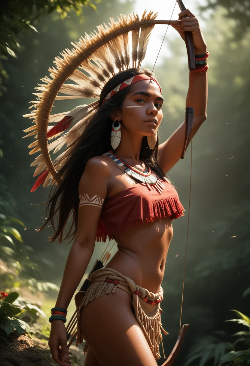 1 indigenous girl, Linda, long  hair, skin tanned, native south american, straw robes, red dyes on the body, seminua, shooting with bow and arrow, tribe, (Masterpiece artwork), (Great quality), (good lighting), 8k_wallpaper, 