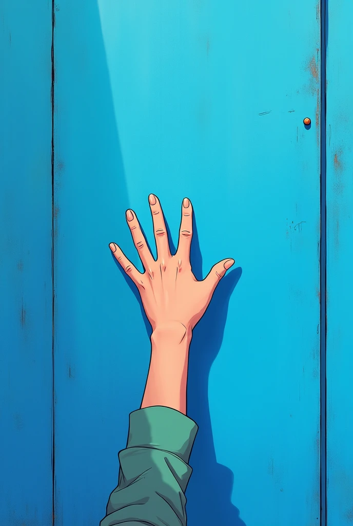 a manga style image, a little hand touches the blue wall.