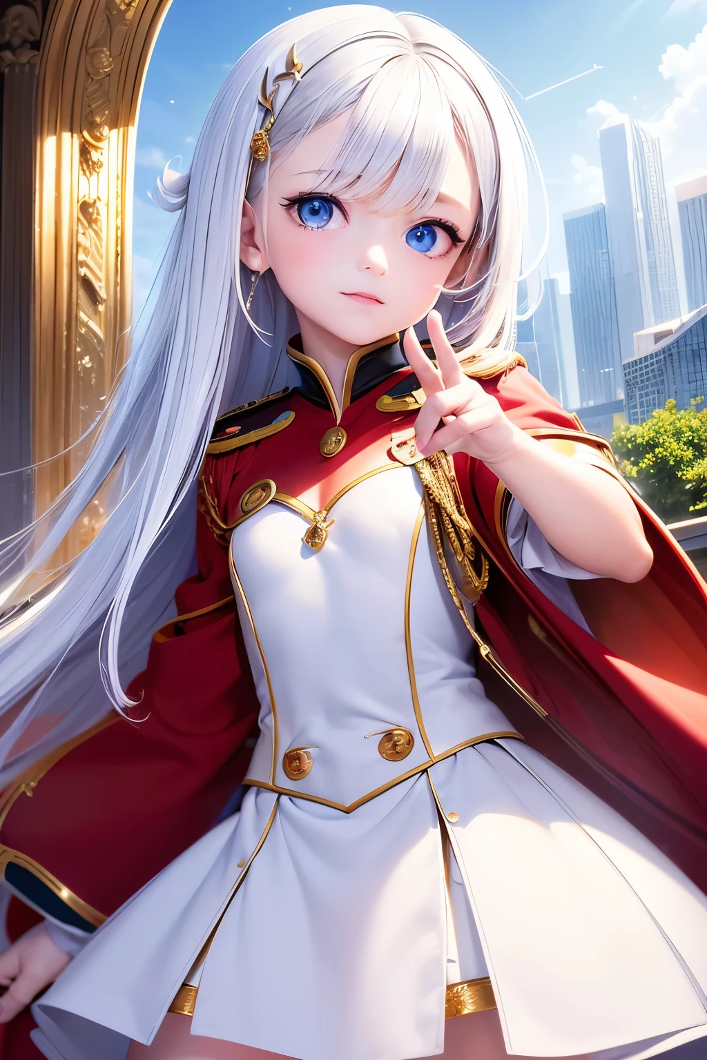masterpiece,Highest quality,Very detailed,16 talented beautiful girls,Small breasts,White straight hair,Perfect Blue Eyes,very cute,Red military uniform,Sci-fi giant space city