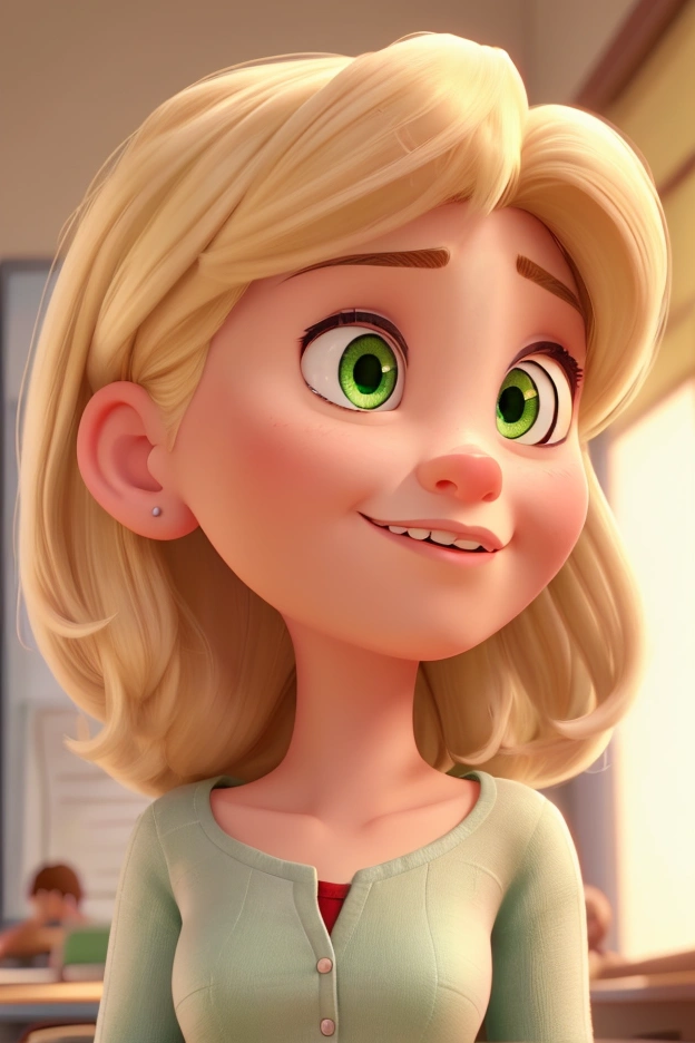 a realistic woman, inspired by Disney Pixar animation, up close. The character is the center of attention with captivating facial expressions, offering a touch of unreality. has green eyes, straight hair and is blonde. normal clothes, of teacher.